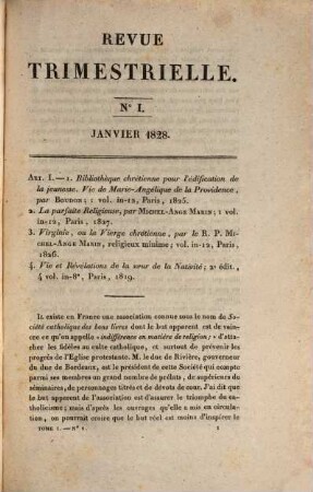 Revue trimestrielle, 1. 1828, Nr. 1