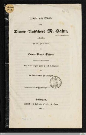 Worte am Grabe des Diener-Aufsehers M. Hahn : gesprochen am 18. Juni 1843