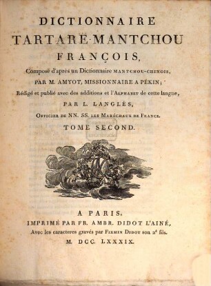 Dictionnaire Tartare-Mantchou François : Composé d'après un Dictionnaire Mantchou-Chinois. 2