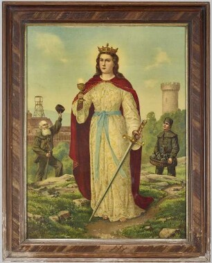 Lithografie, St. Barbara mit Schwert, Kelch, Turm und Fördergerüst