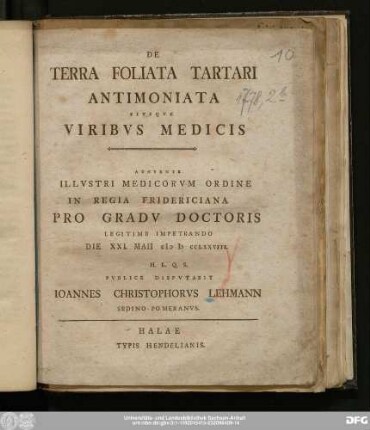 De Terra Foliata Tartari Antimoniata Eivsqve Viribvs Medicis