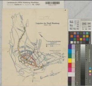 Blomberg (Blomberg) Stadtplan mit Straßenpflasterung und Grundstücke für einen Postbau nach 1928 1 : 5260 38,5 x 32 Druck mit Einzeichnung Oberpostdirektion Münster