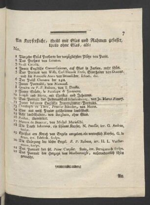 An Kupferstiche, theils mit Glas und Rahmen gefasset, theils ohne Glas, als: