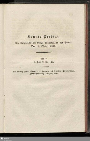 Neunte Predigt. Am Namensfeste des Königs Maximilian von Baiern. Den 12. Oktober 1807