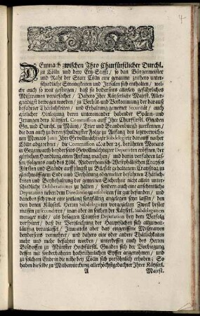 Demnach zwischen Ihro Churfürstlicher Durchl. zu Cölln und dero Ertz-Stifft/ so dan Bürgermeister und Raht der Statt Cölln eine geraume zeithero unterschiedliche Streitigkeiten und Irrsalen sich enthalten ...