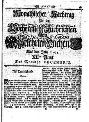 Monathlicher Nachtrag [...] XIItes Stuck Des Monaths Decembris