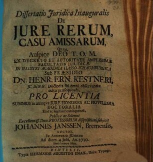 Dissertatio Iuridica Inauguralis De Iure Rerum Casu Amissarum