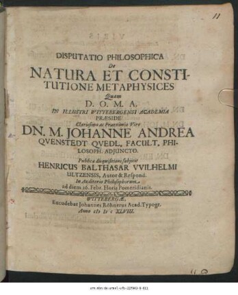 Disputatio Philosophica De Natura Et Constitutione Metaphysices