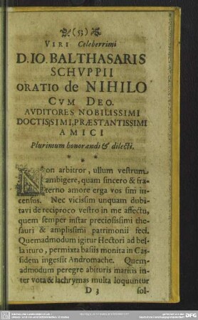 Viri Celeberrimi D. Jo. Balthasaris Schuppii, Oratio de Nihilo Cum Deo