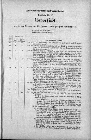 Drucksache 17: Uebersicht der in der Sitzung am 9. Februar 1898 gefaßten Beschlüsse., 18. Januar 1899