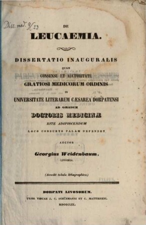De leucaemia : (Diss. inaug.) (Acc. tab. lithogr.)