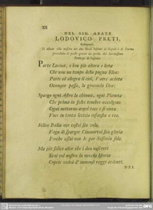 Del Sig. Abate Lodovico Preti, Bolognese