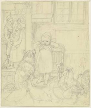 Bauersfrau, Kind, Hund und Hühner