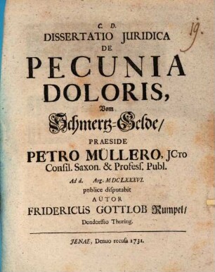 Dissertatio Juridica De Pecunia Doloris, Vom Schmertzgelde