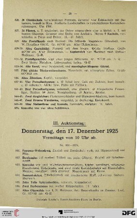 III. Auktionstag: Donnerstag, den 17. Dezember 1925, Vormittags von 10 Uhr ab (Nr. 851-1179)