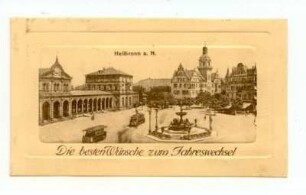 Grußkarte zum Jahreswechsel mit Hauptbahnhof, Bahnhofvorplatz mit Löwenbrunnen, Postamt 2, Straßenbahnen