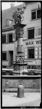 Offenburg Brunnen am Fischmarkt Löwe mit Reichs- und Stadtwappen