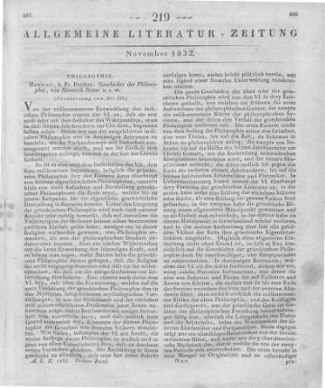 Ritter, H.: Geschichte der Philosophie. T. 1-3. Hamburg: Perthes 1829-31 (Fortsetzung von Nr. 218)