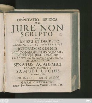 Disputatio Iuridica De Iure Non Scripto