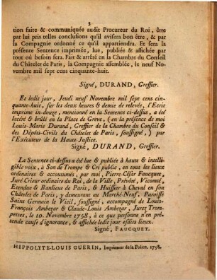 Sentence Du Chastelet De Paris, Qui condamne un Ecrit imprimé, intitulé: Réflexions d'un Docteur en Théologie de l'Université de ***, sur la Déclaration du Roi du dix Décembre 1756, & sur l'état présent de la Sorbonne ... : Extrait Des Registres Du Chastelet. Du Jeudi neuf Novembre mil sept cens cinquante-huit
