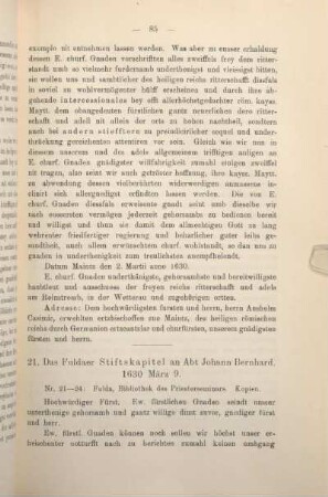 21. Das Fuldaer Stiftskapitel an Abt Johann Bernhard 1630 März 9.