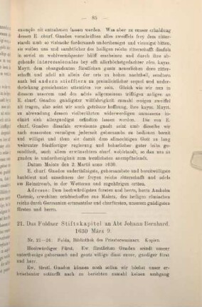 21. Das Fuldaer Stiftskapitel an Abt Johann Bernhard 1630 März 9.
