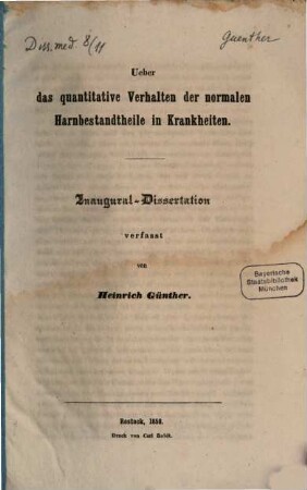 Über das quantitative Verhalten der normalen Harnbestandtheile in Krankheiten : (Inaug. Diss.)