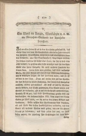V. Ein Wort an Aerzte, Wundaerzte u.a.m. die Neujahrs-Geschenke der Apotheker betreffend