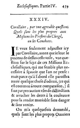 XXXIV. Corollaire, par vne agreable question; Quels sont les plus propres aux Mißions les Prestres du Clergé, ou les Cenobites