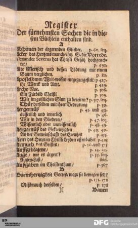 Register der fürnehmsten Sachen die in diesem Büchlein enthalten sind.