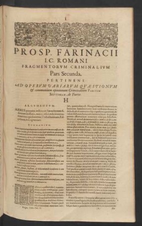Prosp. Farinacii I. C. Romani Fragmentorum Criminalium Pars Secunda. Pertinens Ad Operum Variarum Quaestionum [et] communium opinionum Criminalium Partem Septimam, de Furtis.