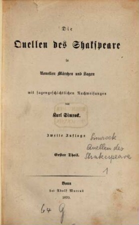 Die Quellen des Shakspeare in Novellen, Märchen und Sagen : mit sagengeschichtlichen Nachweisungen, Erster Theil