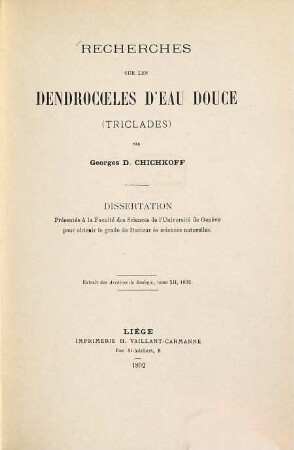 Recherches sur les dendrocoeles d'eau douce (Triclades)