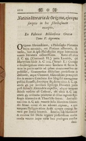 Notitia literaria de Origene, ejusque scriptis in hoc schediasmate excerptis,