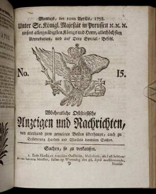 No. 15. Montags, den 10ten Aprilis, 1758.