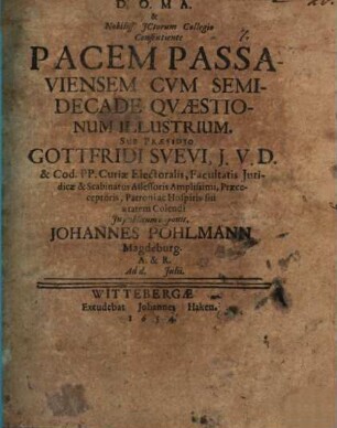 Pacem Passaviensem, cum semi-decade quaestionum illustrium proponit