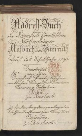1796: Addreß-Buch für die Königlich-Preußischen Fürstenthümer Ansbach und Bayreuth