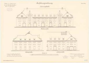 Kaserne für das Luftschiffer-Bataillon, Berlin-Jungfernheide: Kammergebäude: Vorderansicht Hinteransicht Seitenansicht 1:100