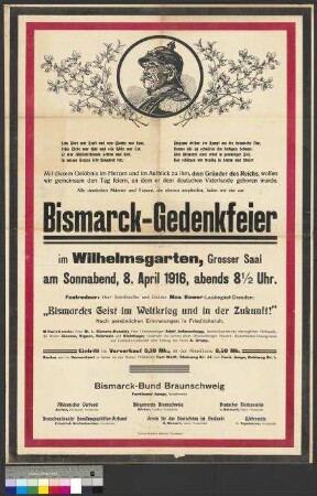 Werbeplakat zur Ausrichtung einer Bismarck-Gedenkfeier am 8. April 1916 in Braunschweig