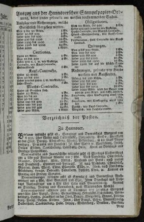 Auszug aus der Hannöverschen Stempelpapier-Ordnung, derer unter privatis am meisten vorkommenden Sachen. - Verzeichniß der Posten.