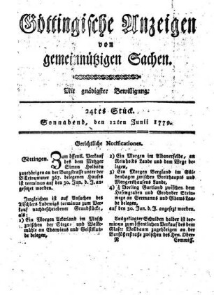 24tes Stück. Sonnabend, den 12ten Junii 1779.