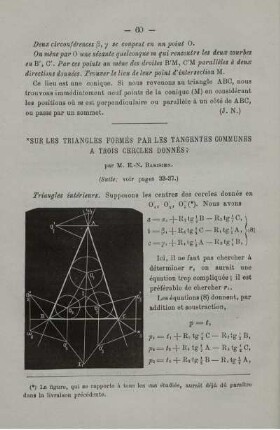 Sur les triangles formés par les tangentes communes a trois cercles donnés.