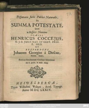 Disputatio Iuris Publici Naturalis, De Summa Potestate