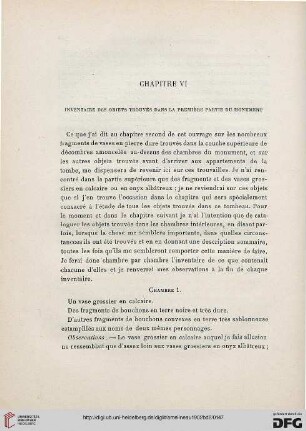 Chapitre VI: Inventaire des objets trouvés dans la première partie du monument