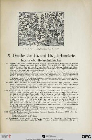 X. Drucke des 15. und 16. Jahrhunderts. Incunabeln. Holzschnittbücher (Nr. 1189-1223)