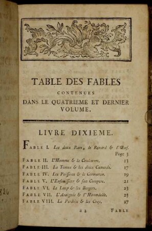 Tables des Fables contenues dans le quatrieme et dernier volume.