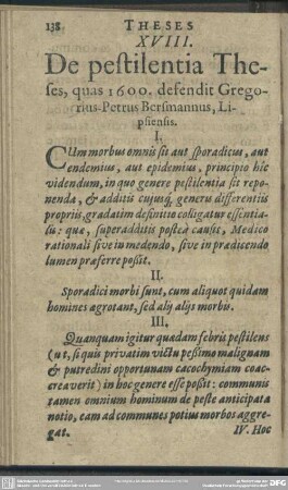 XVIII. De pestilentia Theses, quas 1600. defendit Gregorius-Petrus Bersmannus, Lipsiensis