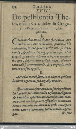 XVIII. De pestilentia Theses, quas 1600. defendit Gregorius-Petrus Bersmannus, Lipsiensis