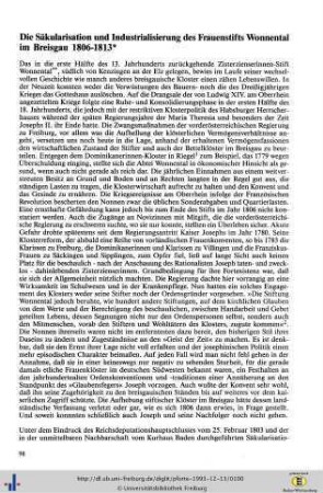 Die Säkularisation und Industrialisierung des Frauenstifts Wonnental im Breisgau 1806-1813