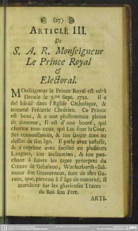 Article III. De S. A. R. Monseigneur Le Prince Royal & Electoral